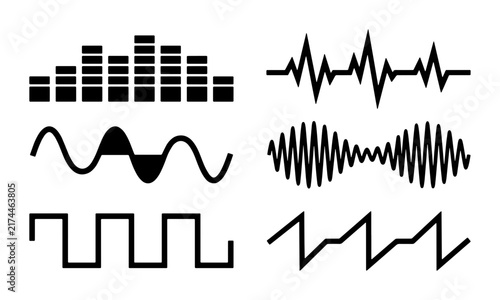 Foto Audio Waveform Icons: Sound Waves, Equalizer, Sine, Sawtooth, Square, Amplitude