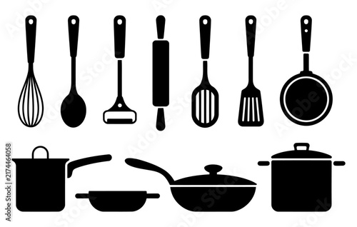Set of black kitchen utensils and cookware silhouettes isolated on a white background for culinary design