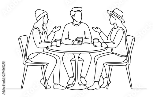 Continuous line drawing of three friends sitting at a table having a conversation in a cafe