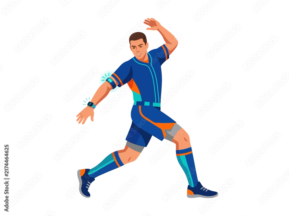 Fototapeta premium Athletic Man Running With Smart Fitness Tracker And Vibrant Blue Athletic Wear