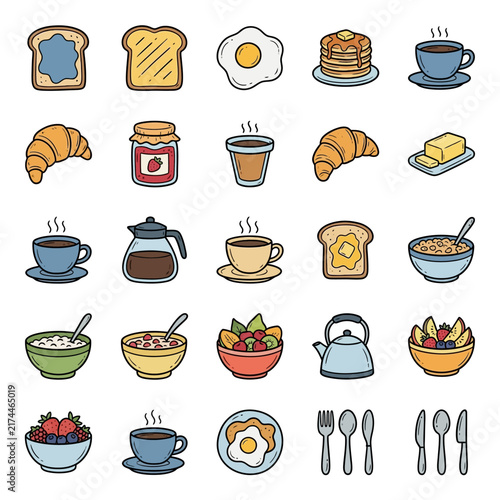An extensive collection of breakfast foods and beverages, including toast, eggs, pancakes, coffee, and fruit, are presented as individual cartoon illustrations.