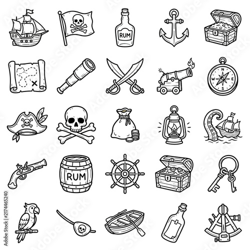 Pirate-themed objects are presented in a monochromatic set of illustrations, including a ship, skull and crossbones flag, rum bottle, anchor, and treasure chest, evoking adventure.