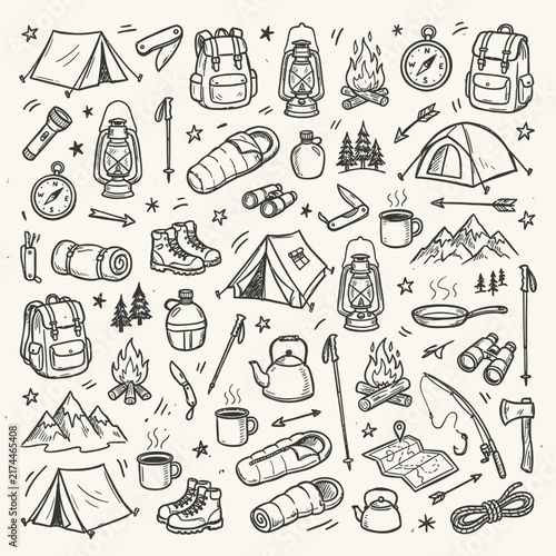 Various hand-drawn camping and hiking equipment illustrations are scattered across a white background, featuring tents, backpacks, lanterns, and other outdoor gear.