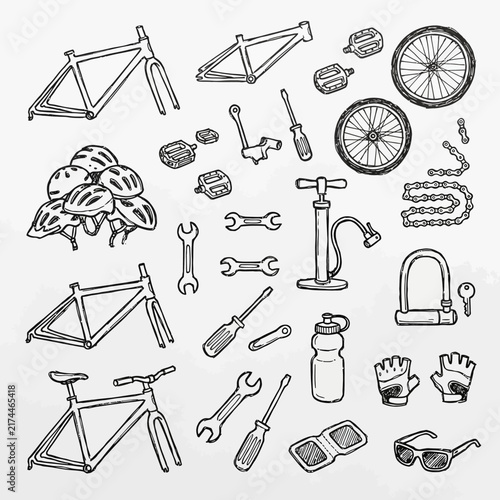 An extensive array of bicycle parts and repair tools is meticulously illustrated in a hand-drawn style, suitable for educational content or cycling-themed designs.