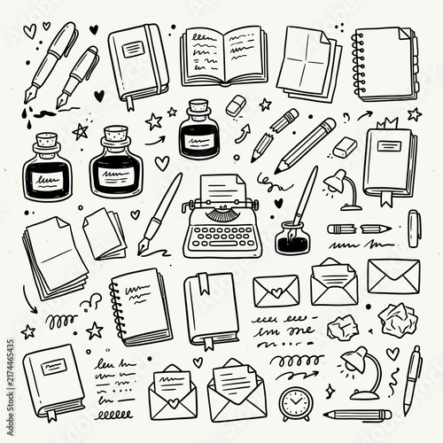 A detailed collection of office and writing supplies is presented as a hand-drawn illustration on a light background, showcasing various tools for creative and professional tasks.