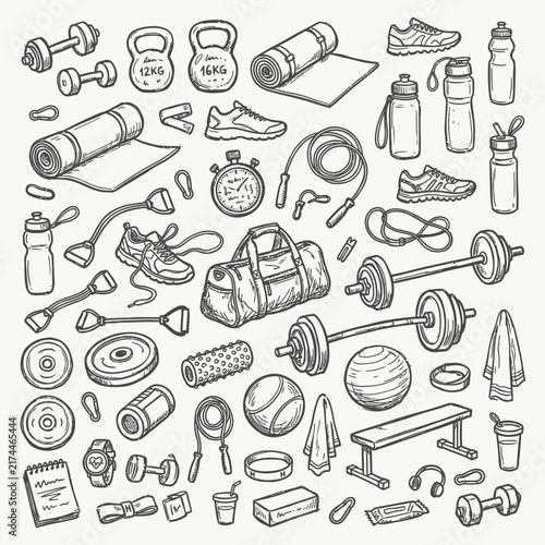 Fitness equipment and workout accessories are presented in a comprehensive, hand-drawn sketch pattern, suitable for various athletic activities.