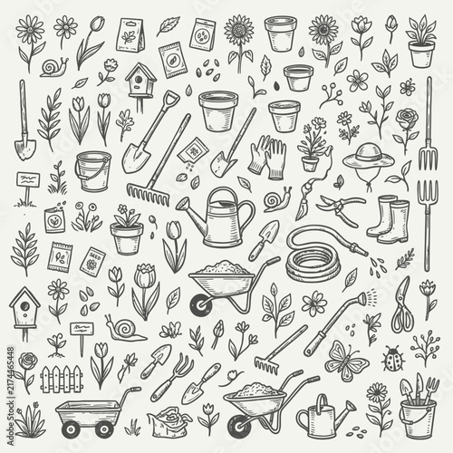 Gardening tools and related botanical elements are arranged in a detailed, hand-drawn sketch pattern, showcasing items for planting and cultivation.