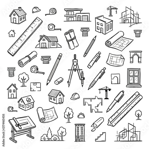 Architectural elements are displayed in a monochrome sketch pattern, illustrating various tools and structures related to building design.