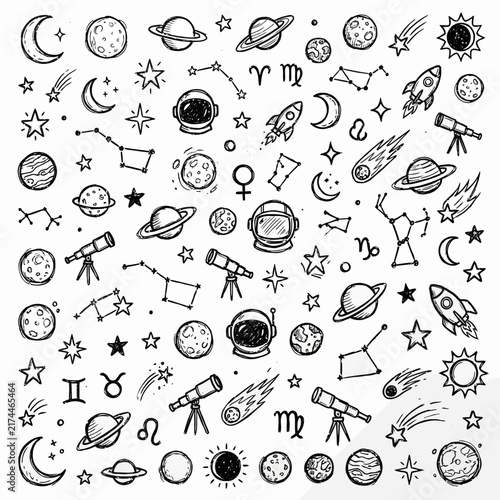 An array of hand-drawn astrological and celestial symbols, featuring planets, moons, stars, rockets, and zodiac signs, are distributed across a clean, light background.