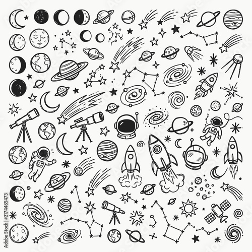 A cosmic collection of hand-drawn space elements, including planets, moons, stars, constellations, rockets, and astronauts, are scattered across a light background.