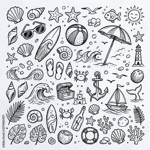 Summer beach and ocean-themed items are presented in a hand-drawn illustration with various marine elements, including seashells, surfboards, an umbrella, a lighthouse, and waves.