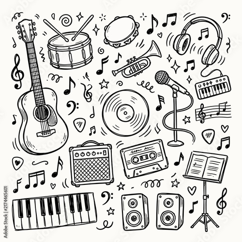 Various musical instruments and notes are arranged in a dynamic doodle pattern on a light background, highlighting creativity and artistic expression.