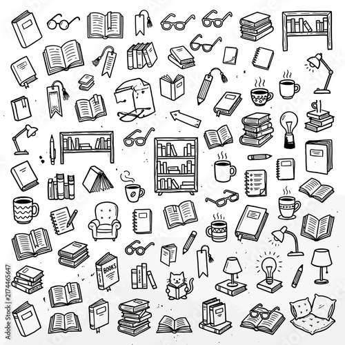 An assortment of books, reading glasses, bookshelves, desk lamps, and coffee cups are displayed in a whimsical doodle style, representing literacy and learning.