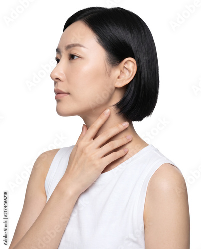 Cosmetic beauty, beautiful young asian woman touching neck isolated on transparent background.