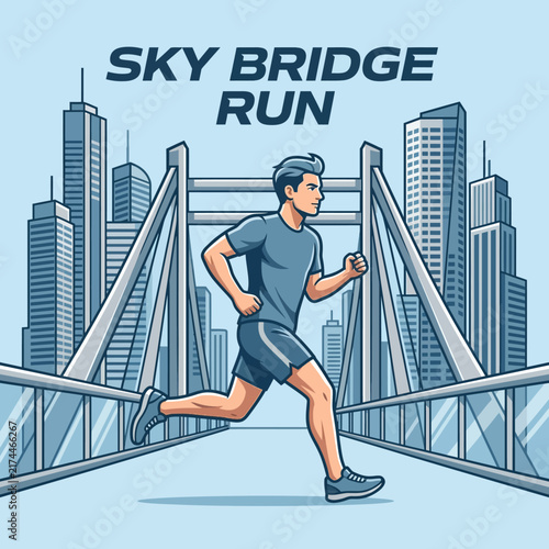 Athletic Man Running On Modern Sky Bridge With City Skyscraper Background