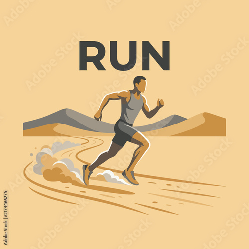 Athletic Man Running On A Desert Path Endurance And Speed