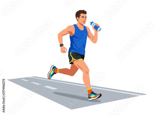 Athletic Man Running On Road Holding Water Bottle Active Lifestyle