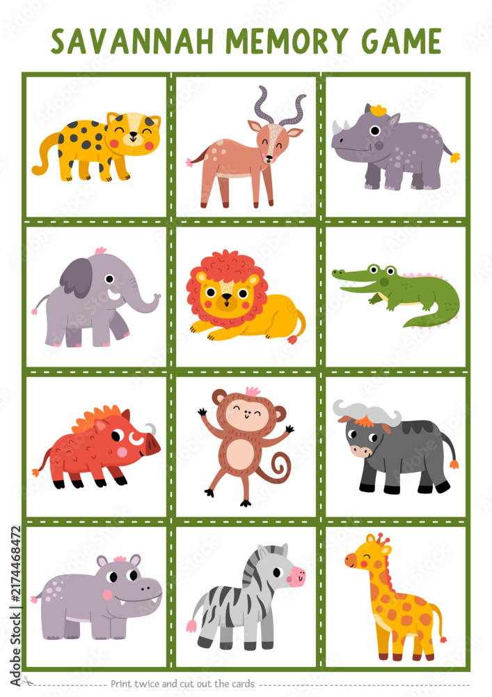 Fototapeta premium Vector safari animals memory game cards with cute elephant, lion, crocodile, giraffe. African savanna matching activity. Remember and find correct card. Savannah printable worksheet for kids