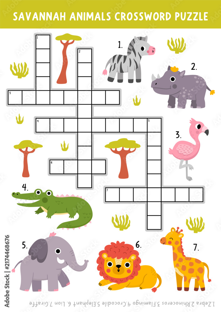 Fototapeta premium Vector safari animals crossword puzzle for kids. African savannah quiz with elephant, lion, giraffe. Cute wildlife savanna nature educational cross word activity with zebra, crocodile, flamingo