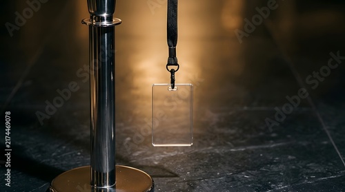 Blank clear acrylic ID badge hanging on black lanyard for corporate event access pass mockup and VIP conference security branding
