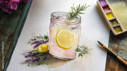 Watercolor illustration of a refreshing lemon drink in a jar with lavender and rosemary garnish
