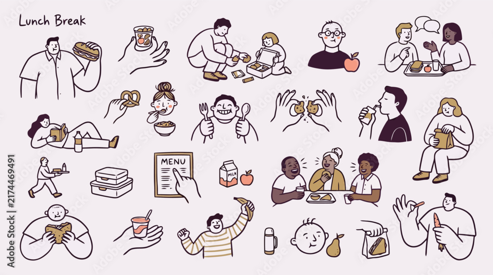 Obraz premium Hand-drawn lunch break vector set, diverse people eating food and snacks, minimalist line art characters dining together