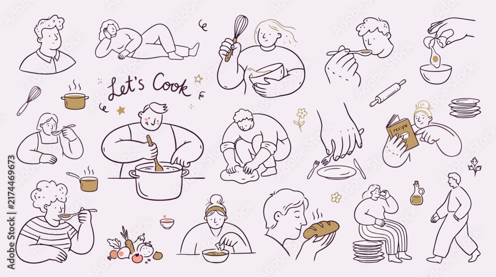 Obraz premium Hand drawn cooking icons set, minimalist line art people preparing food, culinary hobby vector illustrations for recipe books