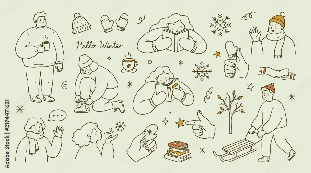 Obraz premium Hand drawn winter doodle set, cozy seasonal character illustrations, line art collection with people and snowflakes