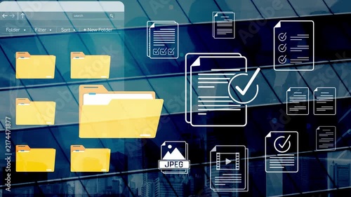Abstract representation of digital document management with yellow folders, checklists, and paperwork icons on a modern glass building background Sigmoid