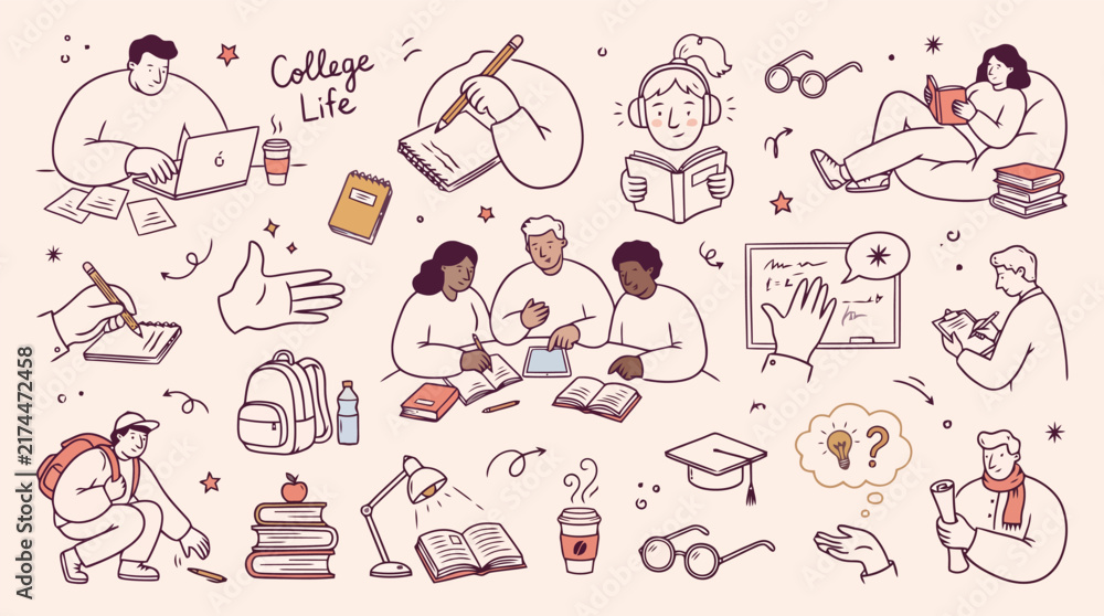 Fototapeta premium College life doodle set, university student education icons, hand drawn academic study elements, school learning vector collection