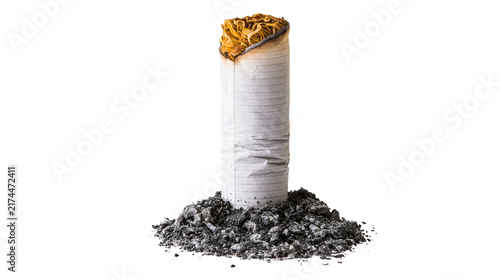 фотографія Isolated burnt cigarette butt standing upright in a heap of ash, symbol of addic
