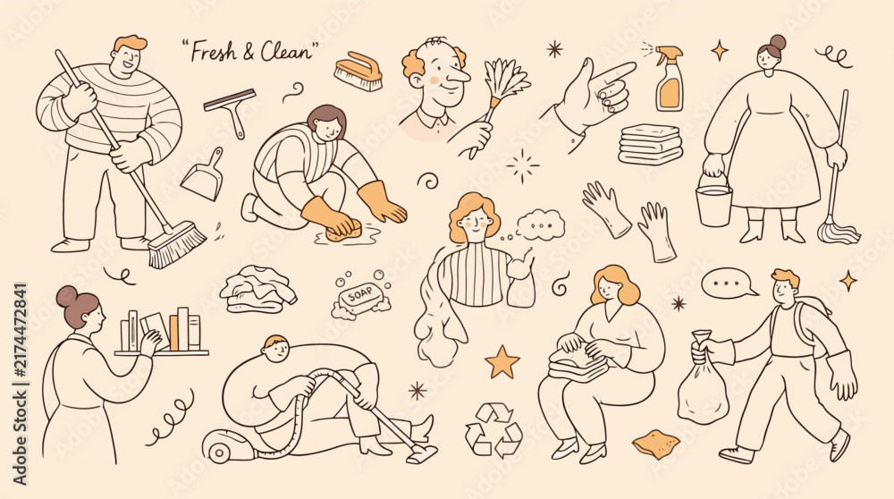 Fototapeta premium Hand-drawn cleaning service illustrations, fresh and clean doodle icons set, people doing household chores vector collection
