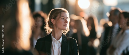 Businesswoman standing out from the crowd with confidence while attending a corporate convention in a busy urban setting.