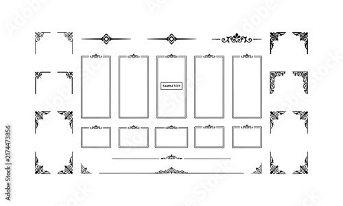 Set of elegant black ornate frames and decorative dividers for luxury invitation card design elements