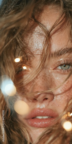 Close up portrait of a young woman with freckles and messy blonde hair surrounded by warm glowing bokeh lights.