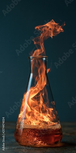 Laboratory flask filled with glowing liquid and bright orange flames burning fiercely inside the glass container.