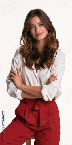 Confident businesswoman smiling with crossed arms wearing a white shirt and red trousers against a clean studio background.