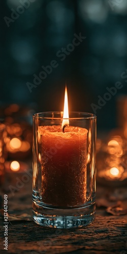 Burning candle inside a clear glass container glowing softly on a rustic wooden table during a quiet evening at home.