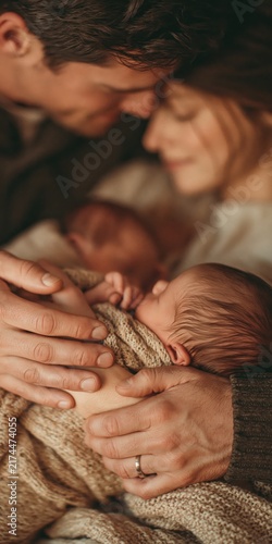 Parents tenderly holding their newborn baby in a warm embrace, celebrating the beautiful beginning of family life together.