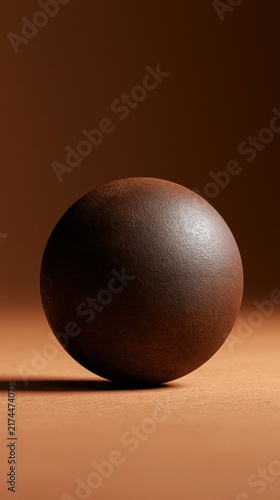 Spherical object resting firmly on a warm brown surface illuminated by soft directional studio lighting from the side.