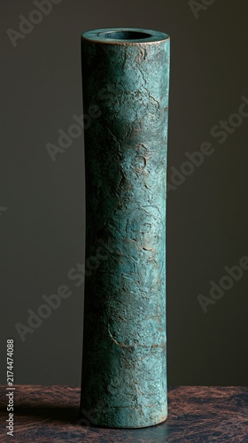Cylindrical ceramic vase featuring a weathered turquoise patina standing upright on a rustic wooden tabletop.