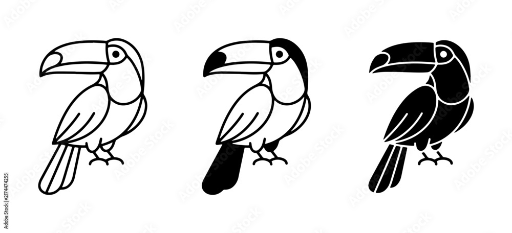 Obraz premium Toucan Icons Set, Tropical Bird Vector Graphics, Simple Outline and Silhouette Styles