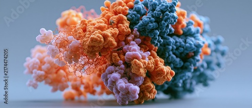 Protein structure visualization showing complex molecular interactions in a scientific microscopic rendering.