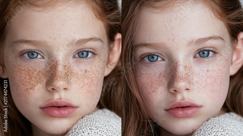 Girl showing freckle removal treatment comparison with skin blemish correction in a portrait demonstrating aesthetics.