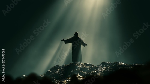 Jesus Christ stands on a rocky surface with raised arms, light shining down around him in a dark setting
