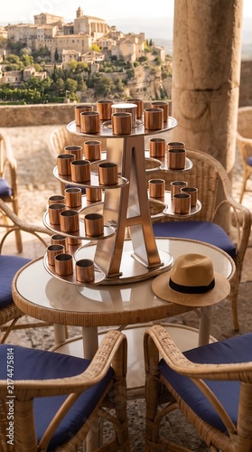 Multi-tiered stand with copper cups on terrace table with straw hat. Outdoor cafe with rattan furniture and old European village in background. Vacation and travel concept
