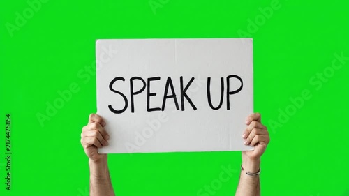 Hands holding banner sign with Rights For All message on green screen chroma key background