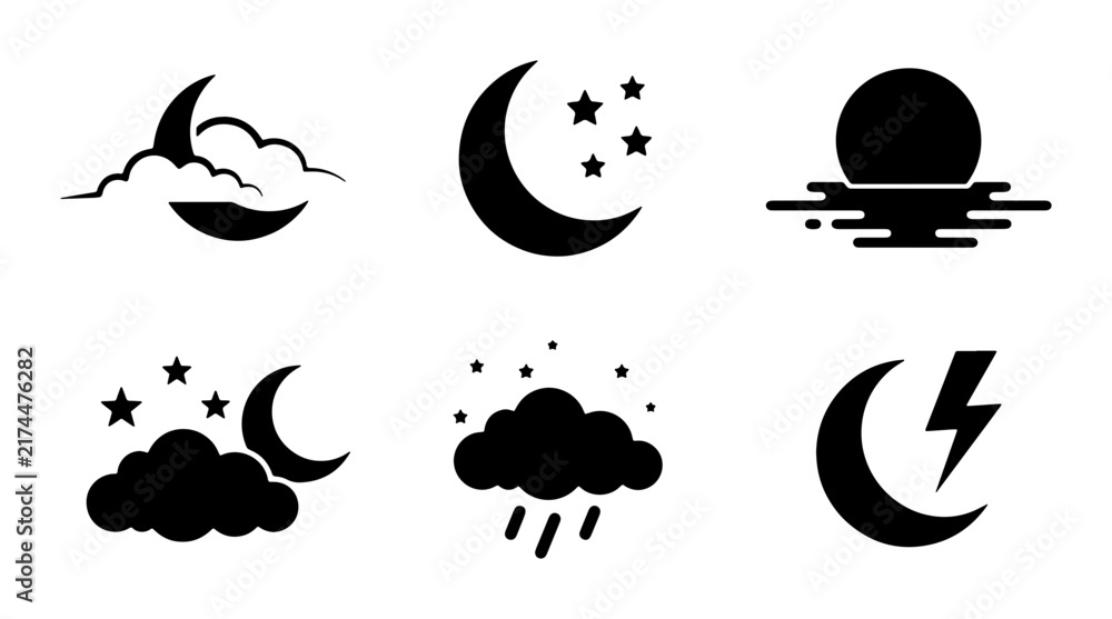 Fototapeta premium Celestial Night Icons: Crescent Moon, Stars, Clouds, Rain, Lightning, Sun Silhouette Set, Vector Graphics for Weather and Astronomy
