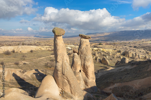 Unique fairy chimneys and rock formations in Cappadocia Unesco World Heritage site Central Anatolia Türkiye.