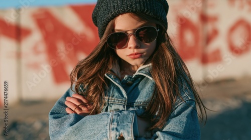 Young girl wearing a denim jacket and beanie posing outdoors with confidence against an urban background.